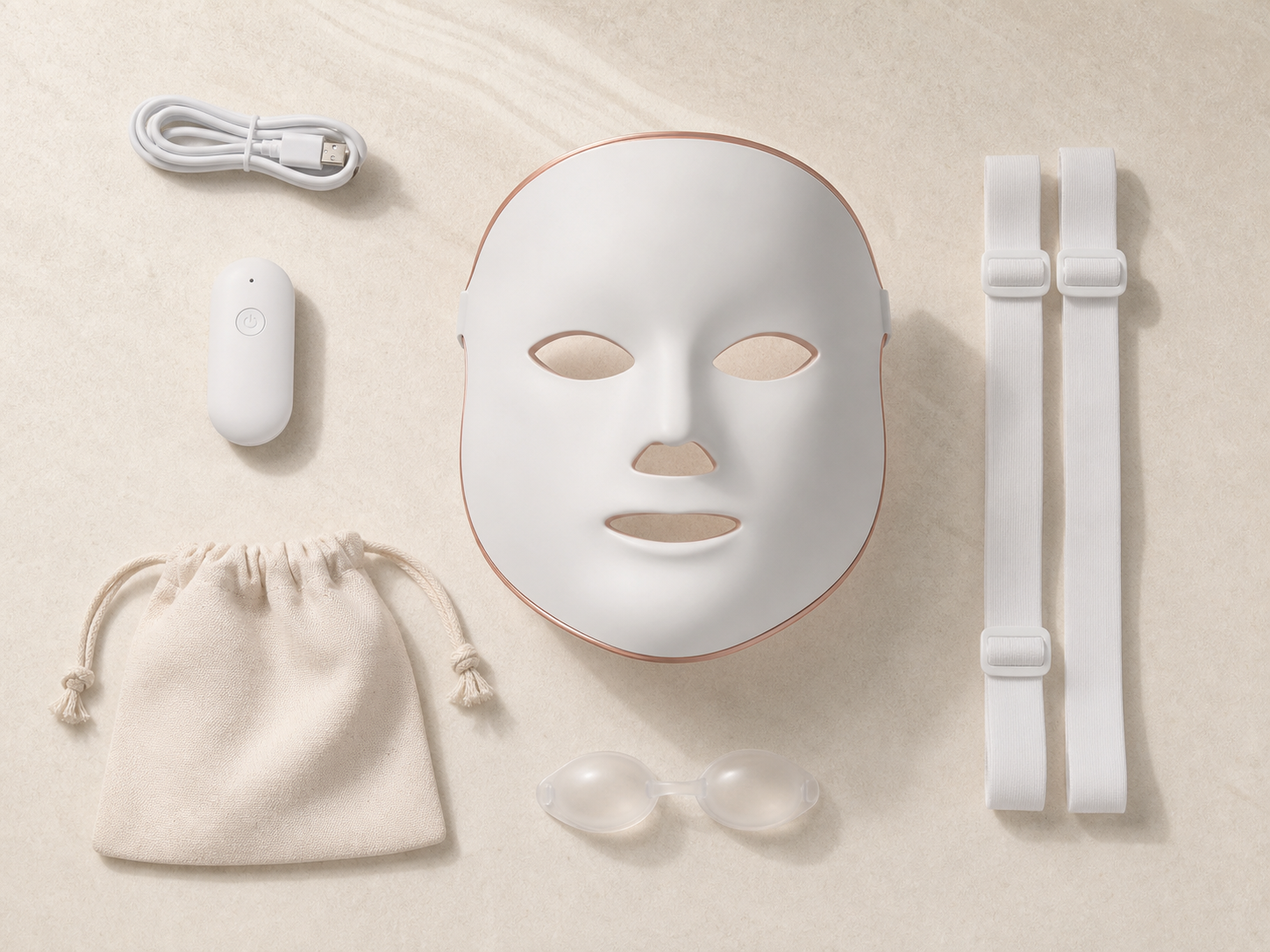 Contenu du coffret disposé à plat : masque, boîtier, câble USB-C, sangles, pochette