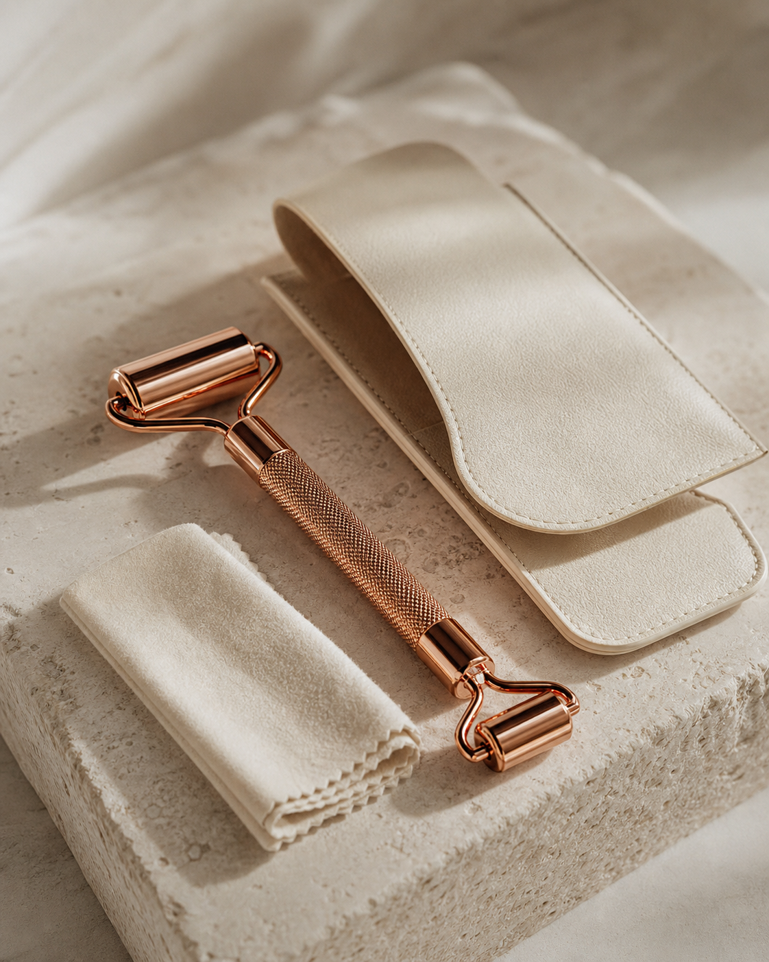 Rouleau de massage facial double tête en métal cuivre rosé avec sa pochette