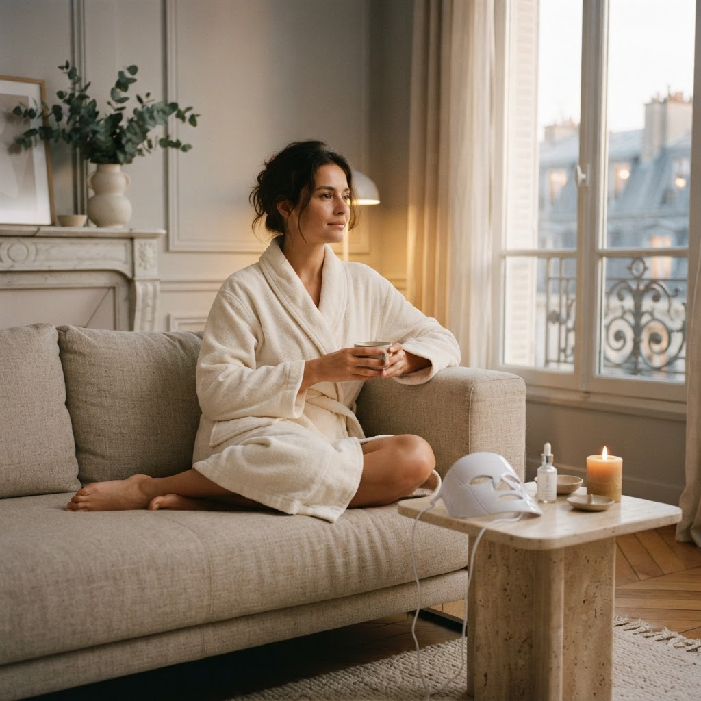 Femme en peignoir ivoire dans un appartement parisien lumineux